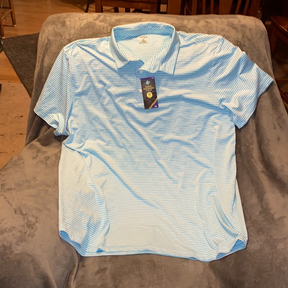 Sharp blue and white Striped performance polo, size-xxl. New with tags.